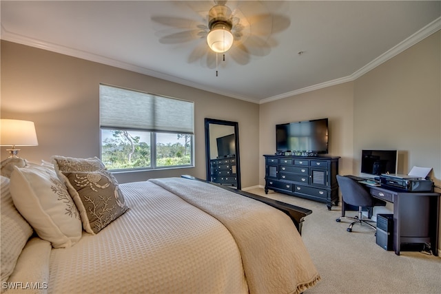 carpeted bedroom with ceiling fan and crown molding