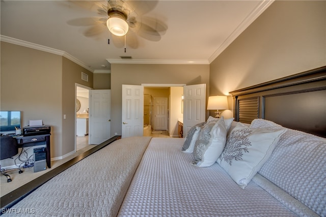 carpeted bedroom with ceiling fan and crown molding