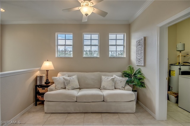 tiled living room featuring ceiling fan, electric water heater, and ornamental molding