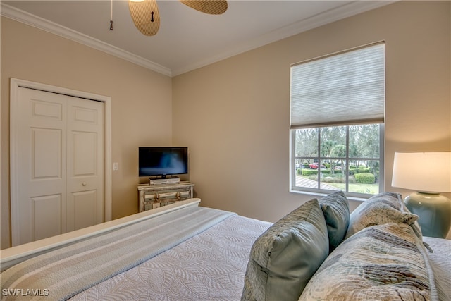 bedroom featuring a closet, ceiling fan, and ornamental molding