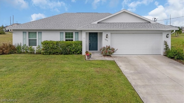 ranch-style home featuring a garage and a front yard