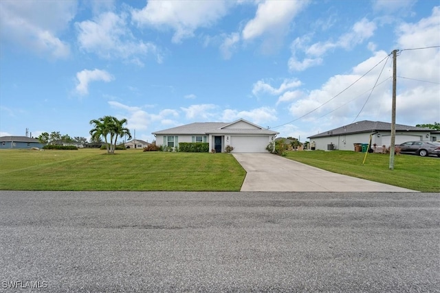 ranch-style home with a front lawn and a garage