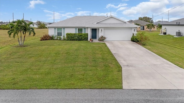 ranch-style home featuring central AC unit, a front yard, and a garage