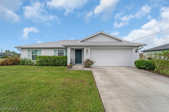 ranch-style house with a front yard and a garage