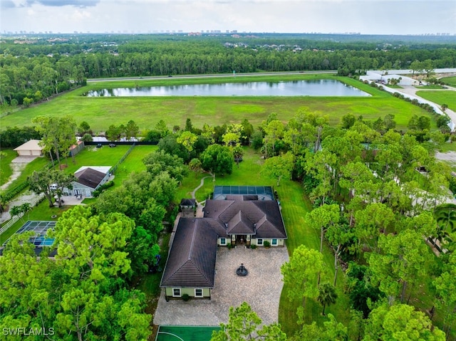 drone / aerial view featuring a water view