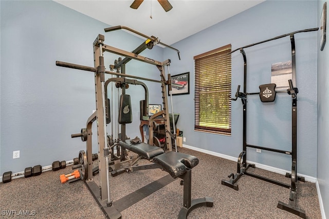 workout room featuring ceiling fan