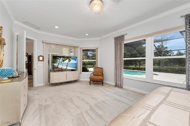 living room featuring light colored carpet and ornamental molding