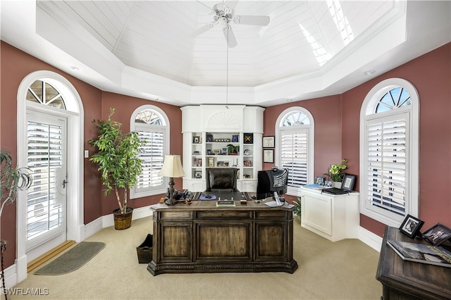 office area featuring light colored carpet, a raised ceiling, and plenty of natural light