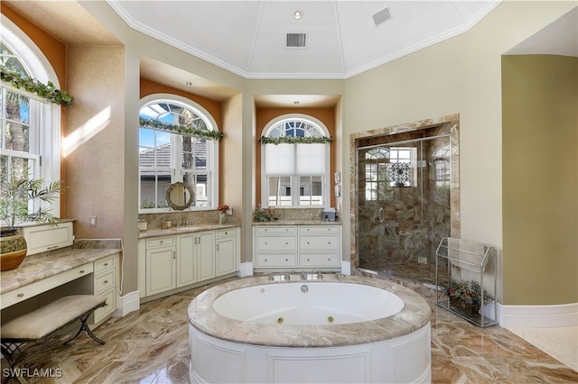 bathroom featuring lofted ceiling, crown molding, independent shower and bath, and vanity