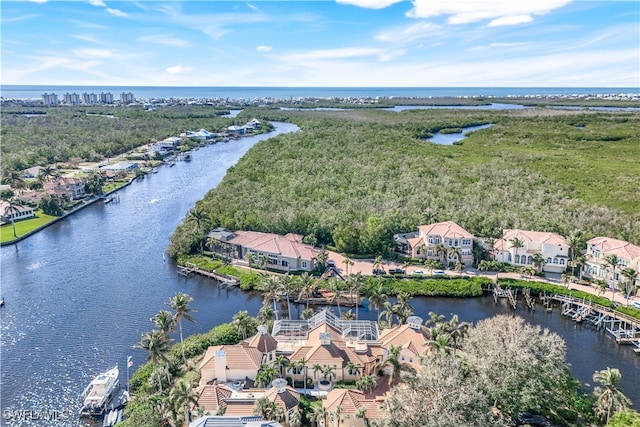 aerial view featuring a water view