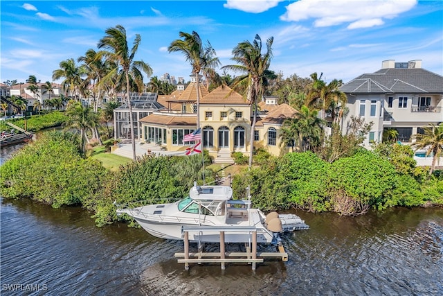 exterior space with a water view