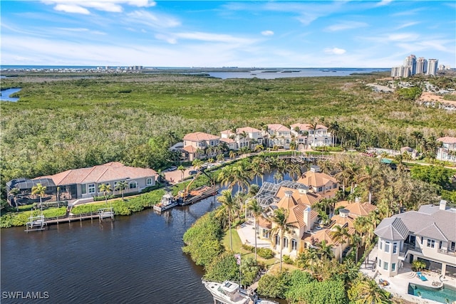 aerial view featuring a water view