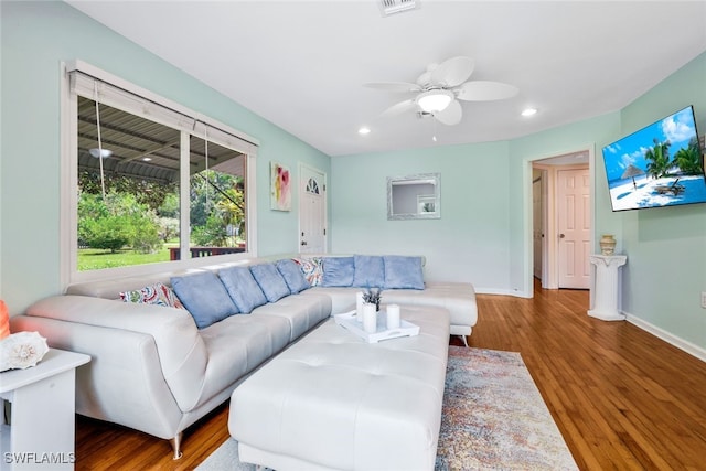 living room with ceiling fan and hardwood / wood-style flooring