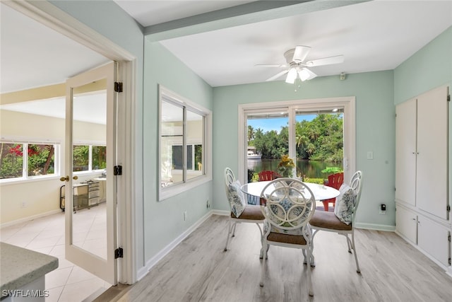 dining space with ceiling fan and light hardwood / wood-style flooring