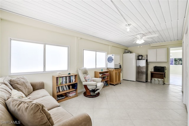 living room with ceiling fan and wood ceiling