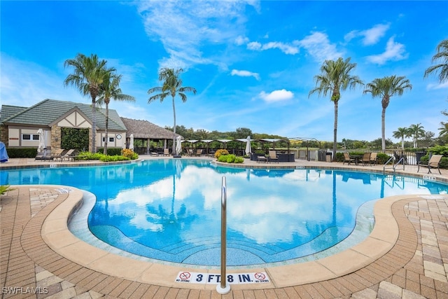 view of swimming pool featuring a patio area