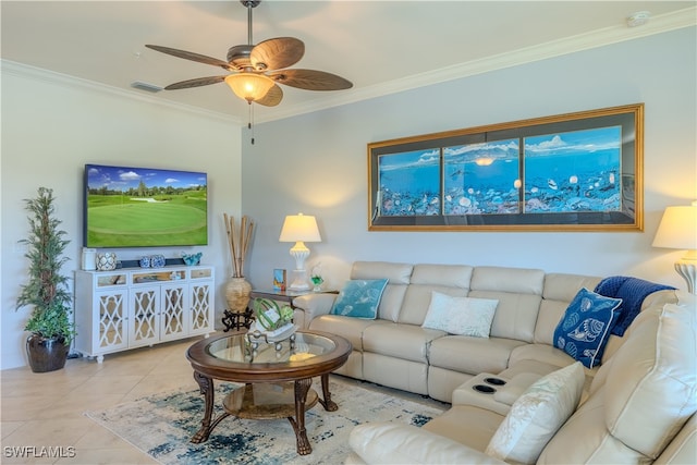 living room featuring crown molding, ceiling fan, and light tile patterned floors