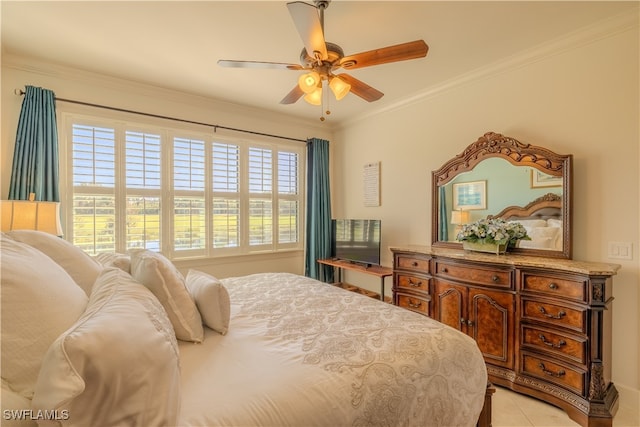 bedroom with ceiling fan, light tile patterned floors, and crown molding