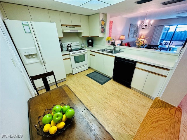 kitchen with white cabinetry, white appliances, sink, and light hardwood / wood-style floors