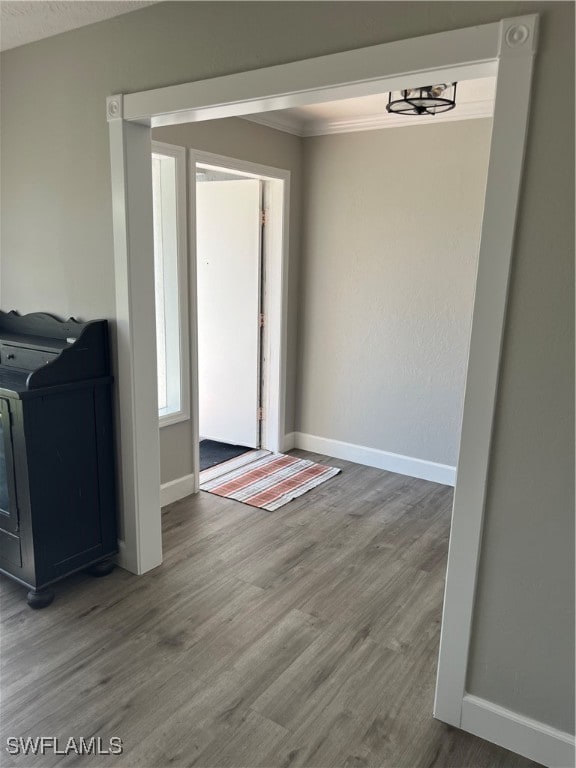 interior space featuring ornamental molding and hardwood / wood-style flooring