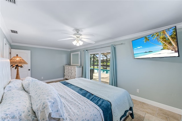 bedroom with ceiling fan and ornamental molding