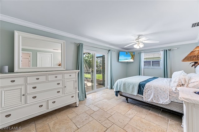 bedroom with access to exterior, ceiling fan, and ornamental molding