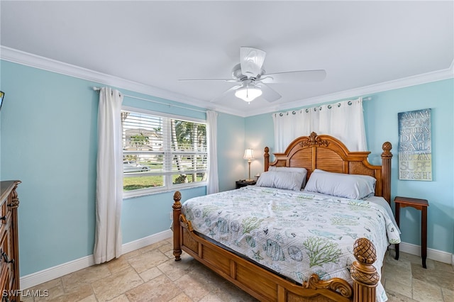 bedroom with ceiling fan and crown molding