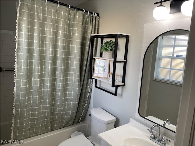 full bathroom with toilet, vanity, and shower / bath combination with curtain