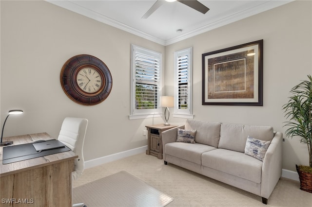 carpeted home office featuring ceiling fan and ornamental molding