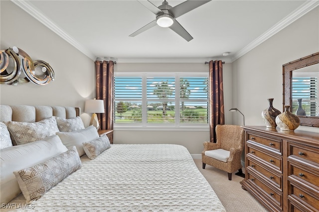 bedroom with multiple windows, ceiling fan, light colored carpet, and ornamental molding