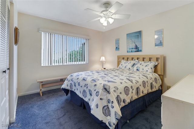 bedroom featuring a closet, ceiling fan, and dark carpet