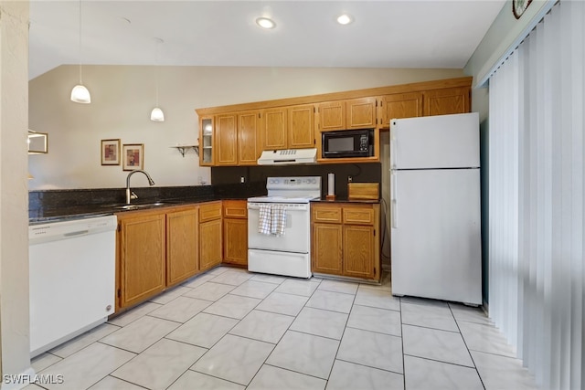 kitchen with extractor fan, sink, white appliances, pendant lighting, and vaulted ceiling