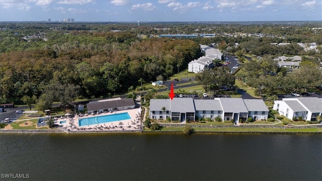 birds eye view of property featuring a water view