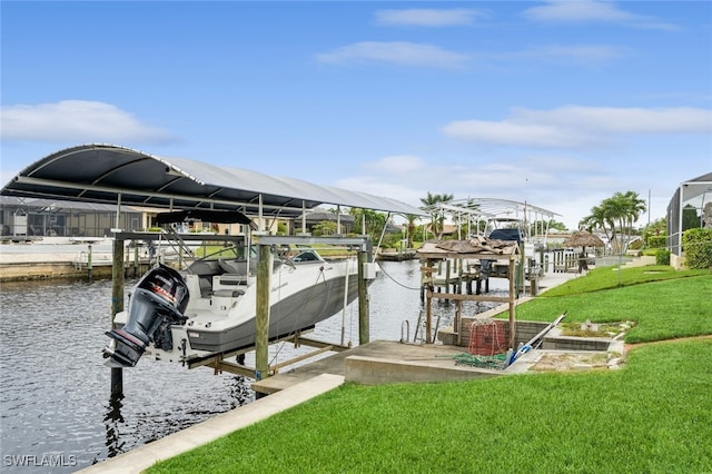 dock area featuring a water view and a lawn