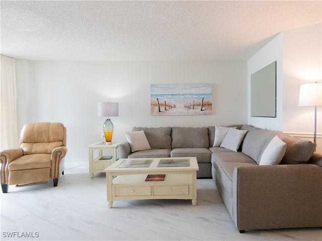 living room with a textured ceiling