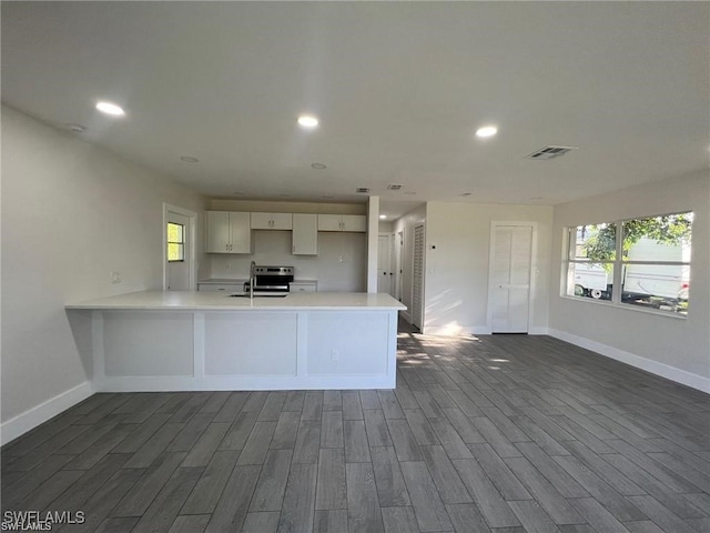 kitchen with dark hardwood / wood-style flooring, white cabinets, kitchen peninsula, stainless steel range with electric stovetop, and sink