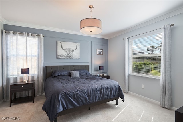 bedroom with light carpet and ornamental molding