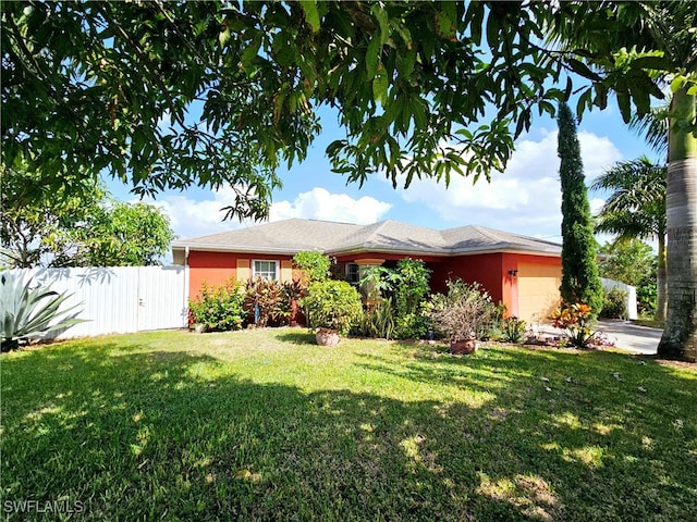 view of front of home with a front lawn and a garage