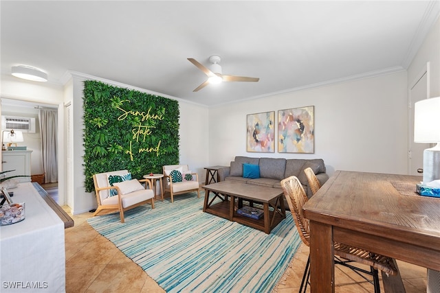 tiled living room featuring ceiling fan, a wall mounted AC, and ornamental molding