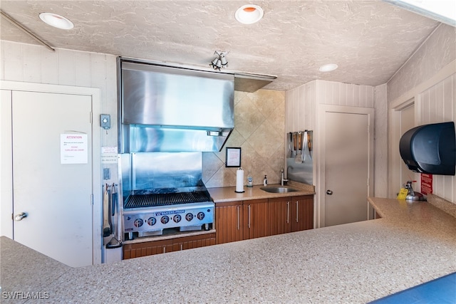 kitchen with a textured ceiling, sink, and exhaust hood