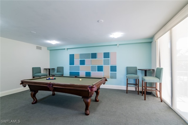 game room with carpet floors, a healthy amount of sunlight, and pool table