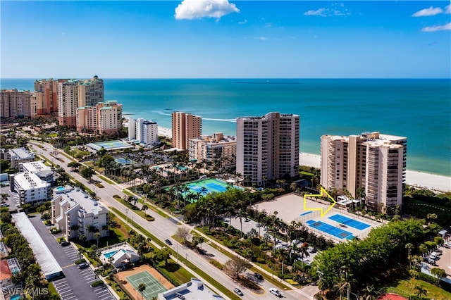 bird's eye view featuring a water view and a view of the beach