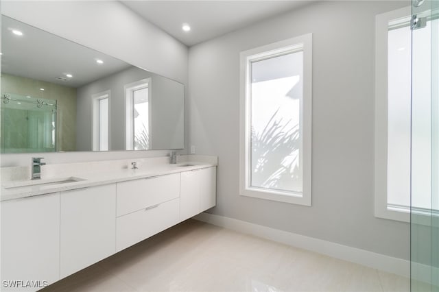 bathroom featuring plenty of natural light, vanity, and a shower with door