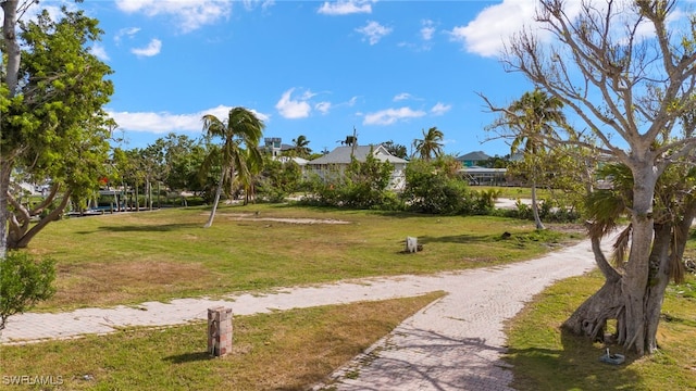 view of home's community with driveway and a lawn