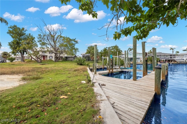 dock area featuring a water view and a yard