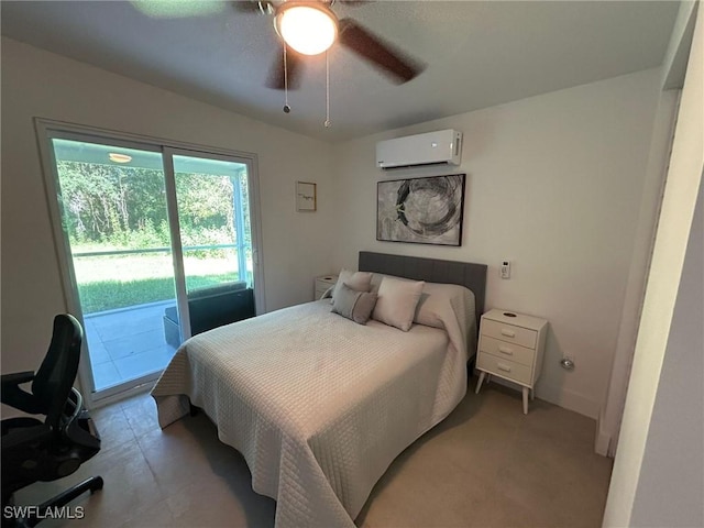 bedroom with an AC wall unit, ceiling fan, access to outside, and baseboards