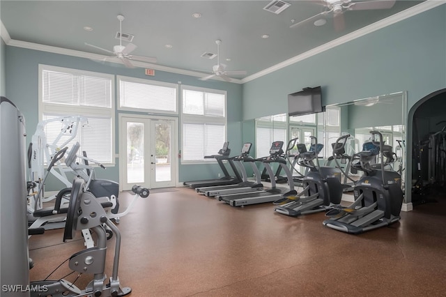 exercise room with french doors, ceiling fan, and ornamental molding