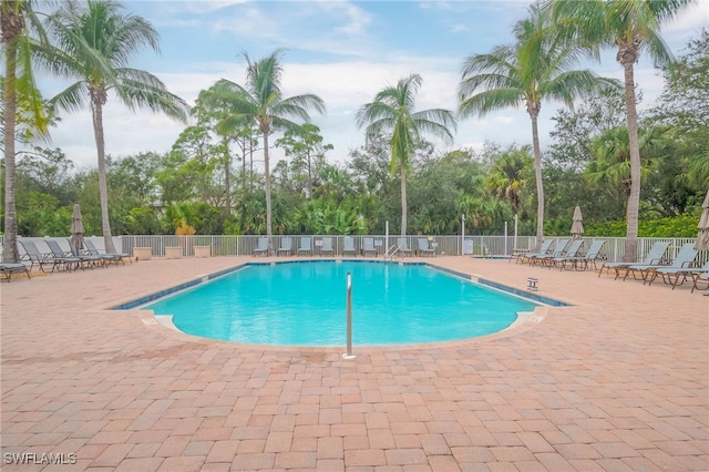 view of swimming pool featuring a patio area