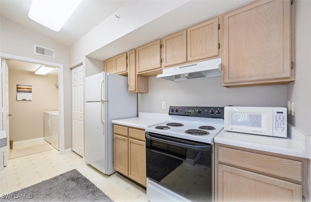 4625 Saint Croix Ln Unit 1132, Naples, FL 34109 - kitchen featuring white appliances, light brown cabinets, under cabinet range hood, washing machine and clothes dryer, and light floors