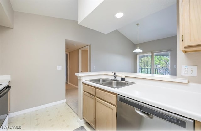 4625 Saint Croix Ln Unit 1132, Naples, FL 34109 - kitchen with stainless steel dishwasher, light brown cabinetry, lofted ceiling, light flooring, and light countertops